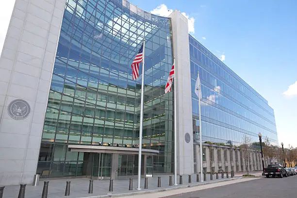 Securities and Exchange Commission, SEC, Building in Washington DC.  The SEC regulates stocks and bonds and related financial activities.  