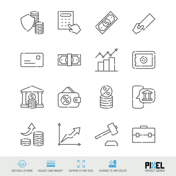 Banking and money related vector line icon set isolated on white Banking and money related vector line icon set isolated on white. Pixel perfect design. Editable stroke. Adjust line weight. Expand to any size. Change to any color. adjusting stock illustrations