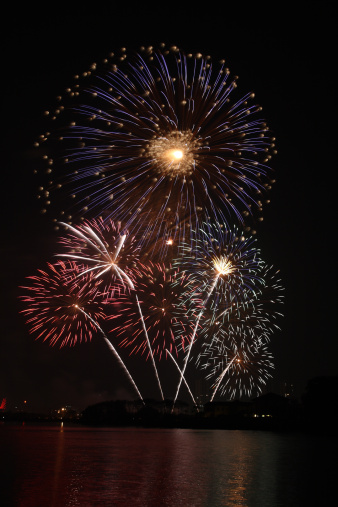 Beautiful fireworks in the night sky, bright colors, powerful explosions