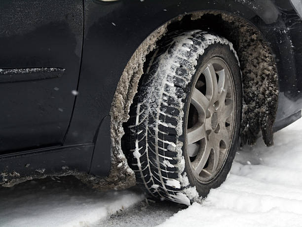 istock Dirty car tire with snow 155237698