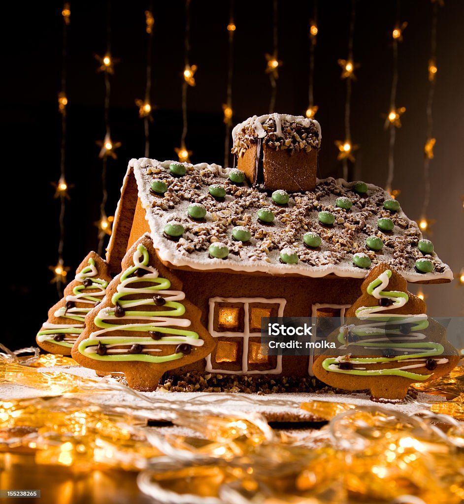 Decorated gingerbread house with trees & lights surrounding Beautiful gingerbread house with lights on dark background Baked Stock Photo