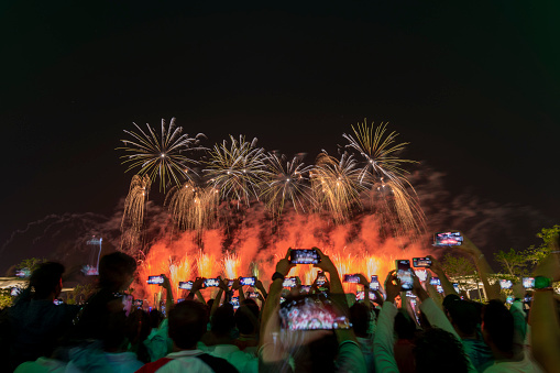 Lusail, Qatar - October 28, 2022: Lusail Plaza, Lusail Boulevard Qatar National Day Fireworks
