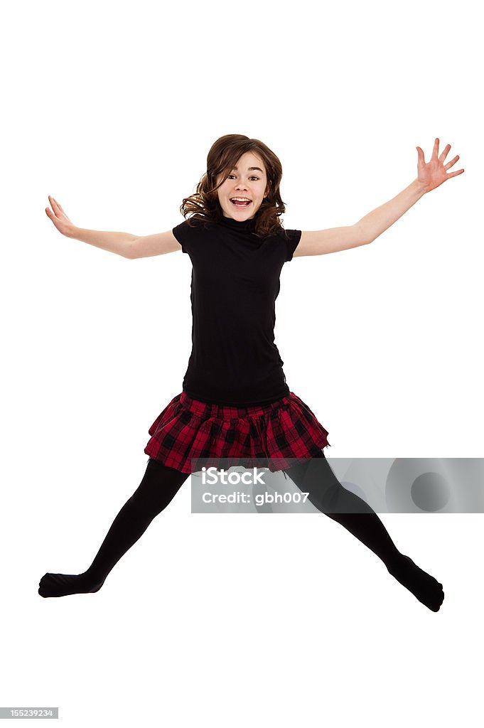 Uma menina pulando isolado no fundo branco - Foto de stock de 14-15 Anos royalty-free