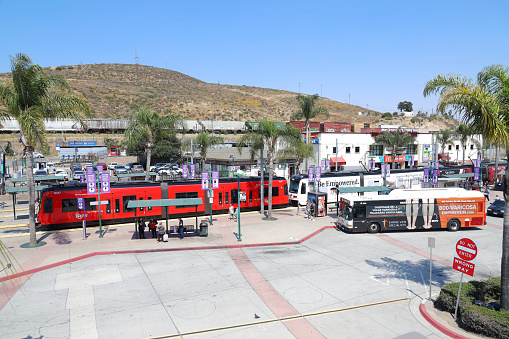 San Diego, California, USA - July 08, 2023: San Diego Metropolitan Transit System - The MTS Trolley Blue Line train at San Ysidro Transit Center,  the US/Mexico Border.