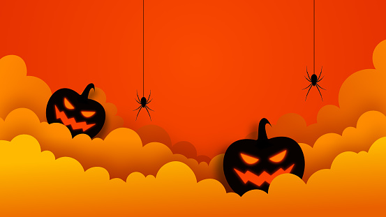 Dive into the eerie atmosphere of Halloween with this spooky stock image. Against an orange background, a collection of grinning pumpkins and haunting clouds sets the stage for the holiday celebration. Hanging spiders add a touch of creepy delight to the scene, while a playful bat flits through the night. The 3D  captures the essence of the season, perfect for party invitations, greeting cards, or event banners.