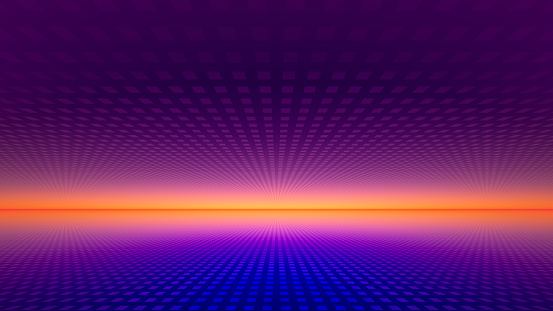 Synthwave style fractal art grid landscape in neon colors. 80's retro aesthetic.