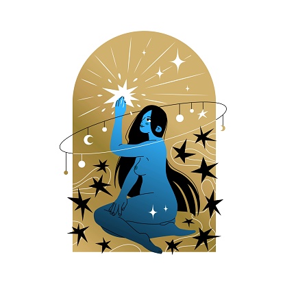 Nude sitting long-haired girl. Surrounded by stars, looking and touching a luminous star. Astrological illustration concept. Design for tarot cards and horoscope compilers. Vector illustration.