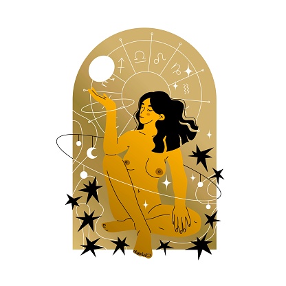 Naked girl sitting with her eyes closed. Surrounded by stars and a circle with zodiac signs. Astrological illustration. Design for tarot cards and horoscope compilers. Vector illustration.