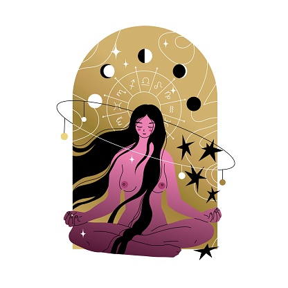 Nude girl surrounded by the moon in different stages of illumination. Astrological illustration concept. Design for tarot cards and horoscope compilers. Vector illustration in flat style.