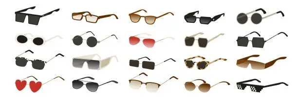 Vector illustration of Set of 20 sunglasses in different frame and lens shapes and in different colors. Modern accessory for summer. Eye protection from ultraviolet. Vector illustration isolated on white background.