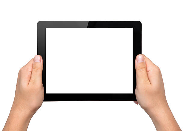 homme mains tenir une une tablette avec écran isolé - newspaper digital tablet digitally generated image note pad photos et images de collection