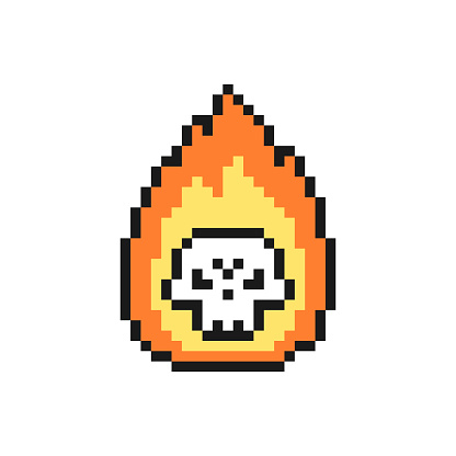 Skull on fire Halloween icon in pixel art design isolated on white background, vector sign symbol