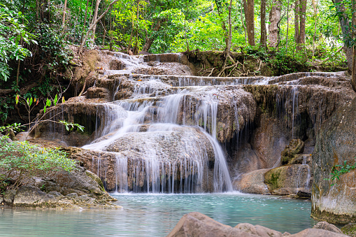 Beautiful Huay Maekamin Waterfall Erawan National Park in the West of Thailand.