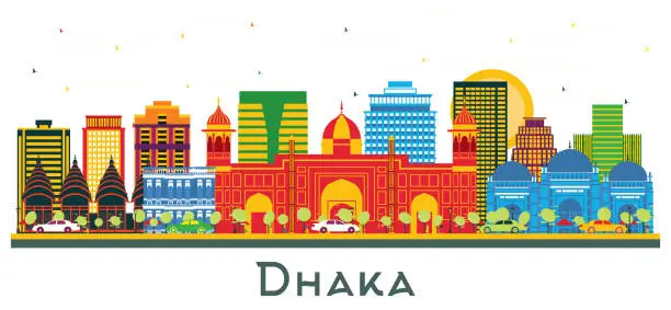 Vector illustration of Dhaka Bangladesh City Skyline with Color Buildings Isolated on White.