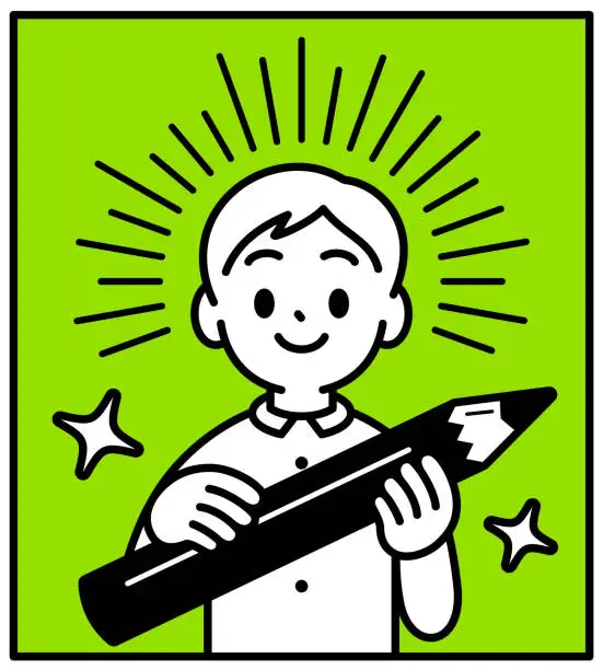 Vector illustration of A boy holding a big creative pencil, looking at the viewer, minimalist style, black and white outline