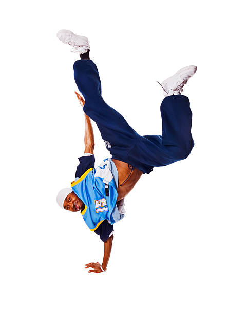Cool breakdancer making a move over white stock photo