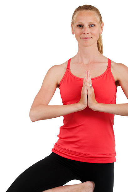 Yoga vriksha-asana, mujer modelo feliz expresión, aislado - foto de stock