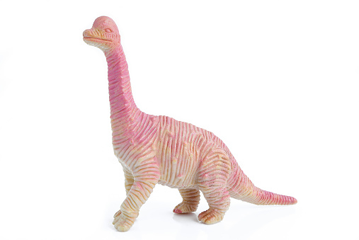 Plastic dinosaur toy on white background. Dinosaur figure plastic toy for young kid, monster model, Rubber dinosaur toy