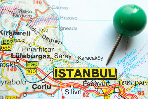 Location Istanbul ,Turkey map, green clerical needle on map. Close up of Istanbul map marked with a green pushpin. Tourism and trip concept