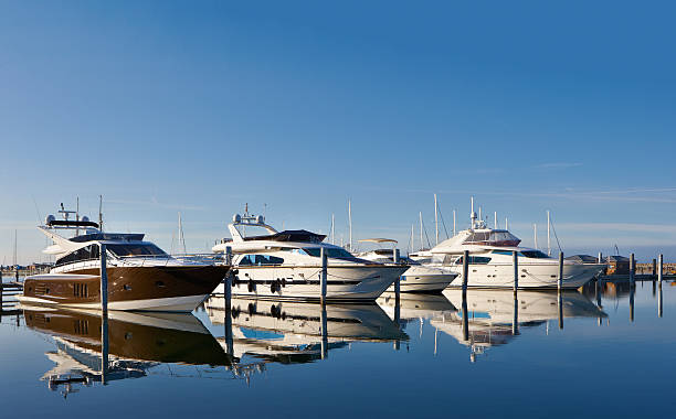 motor yachts in harbor stock photo