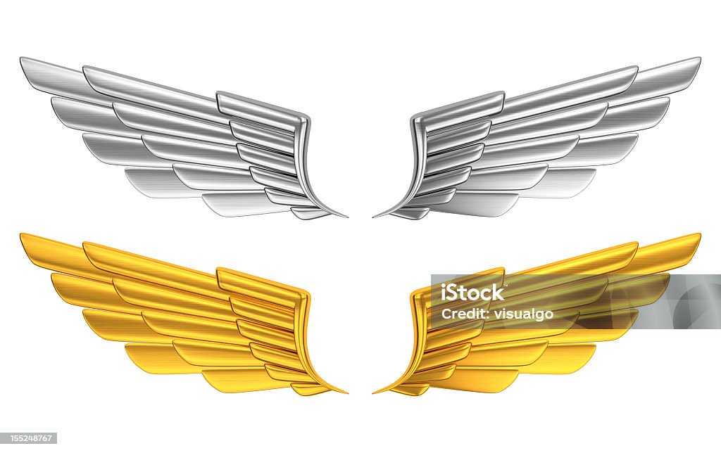 Silver and gold wings against white background golden and sliver wings. Animal Wing Stock Photo