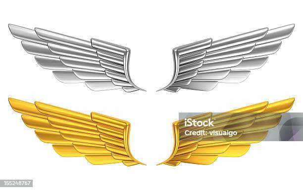 Silver And Gold Wings Against White Background Stock Photo - Download Image Now - Animal Wing, Gold - Metal, Gold Colored