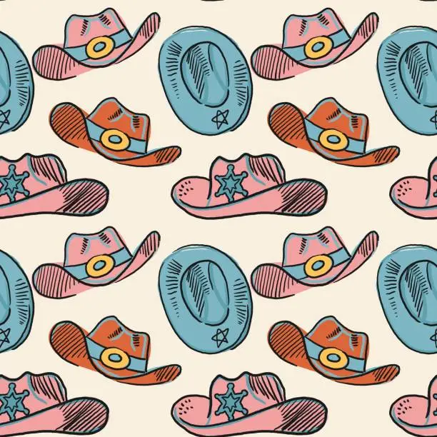 Vector illustration of Cowgirl western theme, wild west concept seamless pattern. Home decor, Textile design, Wrapping paper, Stationery, Scrapbooking, Digital wallpapers, Website backgrounds. Vector illustration.