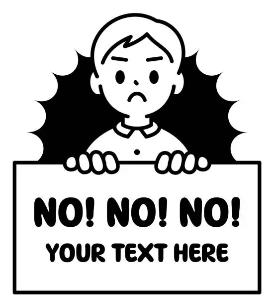 Vector illustration of A boy is holding a blank sign in anger, saying no, looking at the viewer, minimalist style, black and white outline