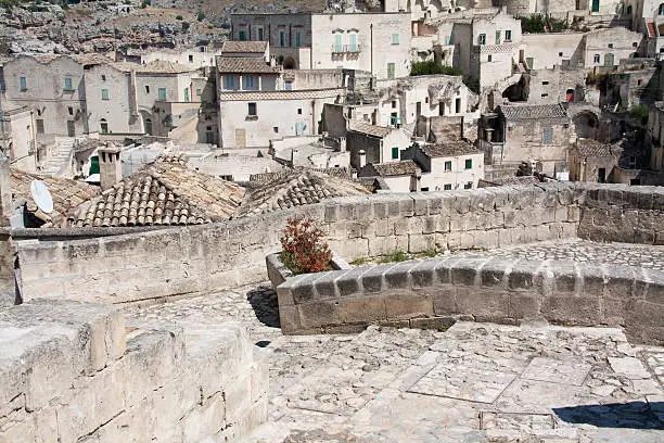 Cityscape detail of Sassi di Matera, toward sasso Barisano, during a summer sunny day.