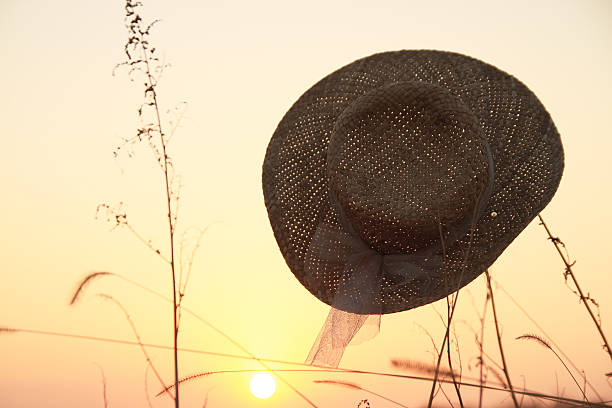 A straw hat in the winter field. It becomes the silhouette in the setting sun