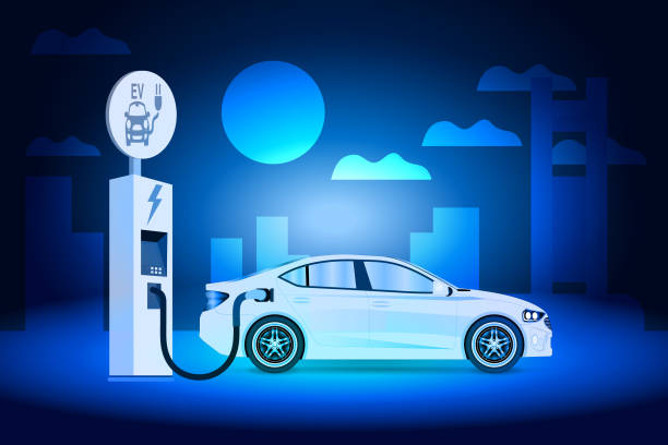 Electric cars charging in a car park and plugged into a home charging station with a power supply socket. The battery-electric vehicle is connected to a wall box for charging. Vector illustration. Electric cars charging in a car park and plugged into a home charging station with a power supply socket. The battery-electric vehicle is connected to a wall box for charging. Vector illustration. electric plug dark stock illustrations