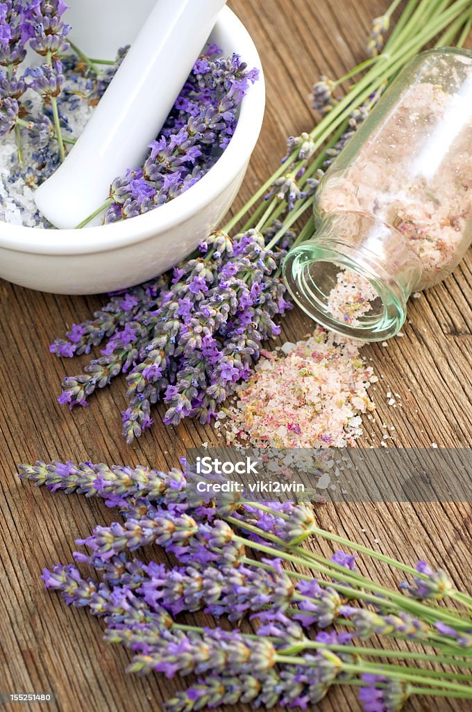 Lavender bath salt Lavender bath salt on wooden surface Aromatherapy Stock Photo