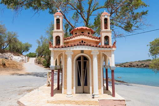 Small chapel located next to the beach in the suburban area of Chania, Crete. One of many eastern christian chapels in Greece.