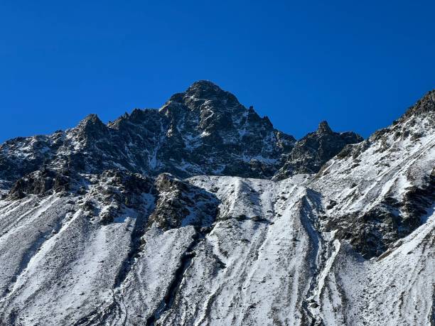 바위가 많은 산봉우리 슈바르츠호른(3147m)의 첫 눈 알불라 알프스와 스위스 산악 도로 패스 fluela(flüelapass), 다보스 - 그리종 주, 스위스(슈바이츠) - schwarzhorn 뉴스 사진 이미지