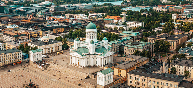 Helsinki Kruununhaka Cityscape Summer Panorama. Aerial Drone Point of View towards iconic Helsinki Cathedral - Old Town with historic 19th century Evangelical Lutheran Cathedral. Old Town Helsinki Panorama, Kruununhaka, Finland, Nordic Countries, Europe