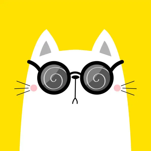 Vector illustration of Cat wearing round sunglasses eyeglasses. Hypnotic spiral pattern. Magic lenses. Cute cartoon kawaii funny character. Kitten in eyeglasses. Yellow background. Flat design