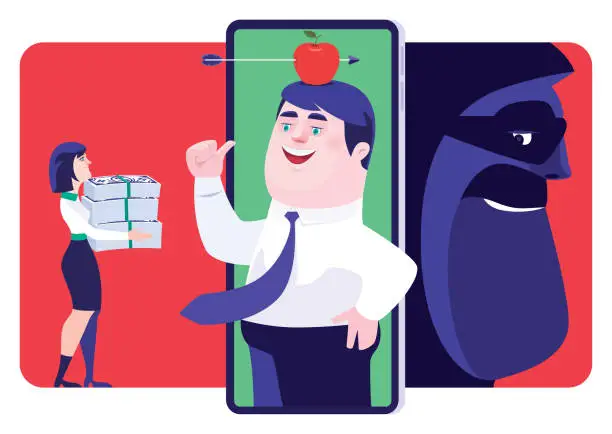 Vector illustration of businesswoman holding stack of banknotes and meeting businessman with apple and arrow on smartphone while hacker hiding