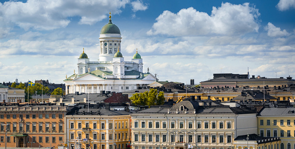 White Helsinki Cathedral and Market Square Building Cityscape Summer Panorama. Drone Point of View towards iconic Helsinki Cathedral - Market Square and Old Town with historic 19th century Evangelical Lutheran Cathedral. Old Town Helsinki Summer Panorama, Kruununhaka, Finland, Nordic Countries, Northern Europe