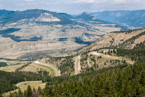 View of the mountains and valleys along the Chief Joseph Scenic Byway in Wyoming.