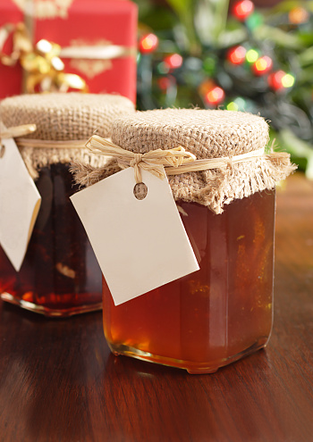 Jelly and jam for holiday presents with empty tag for your text