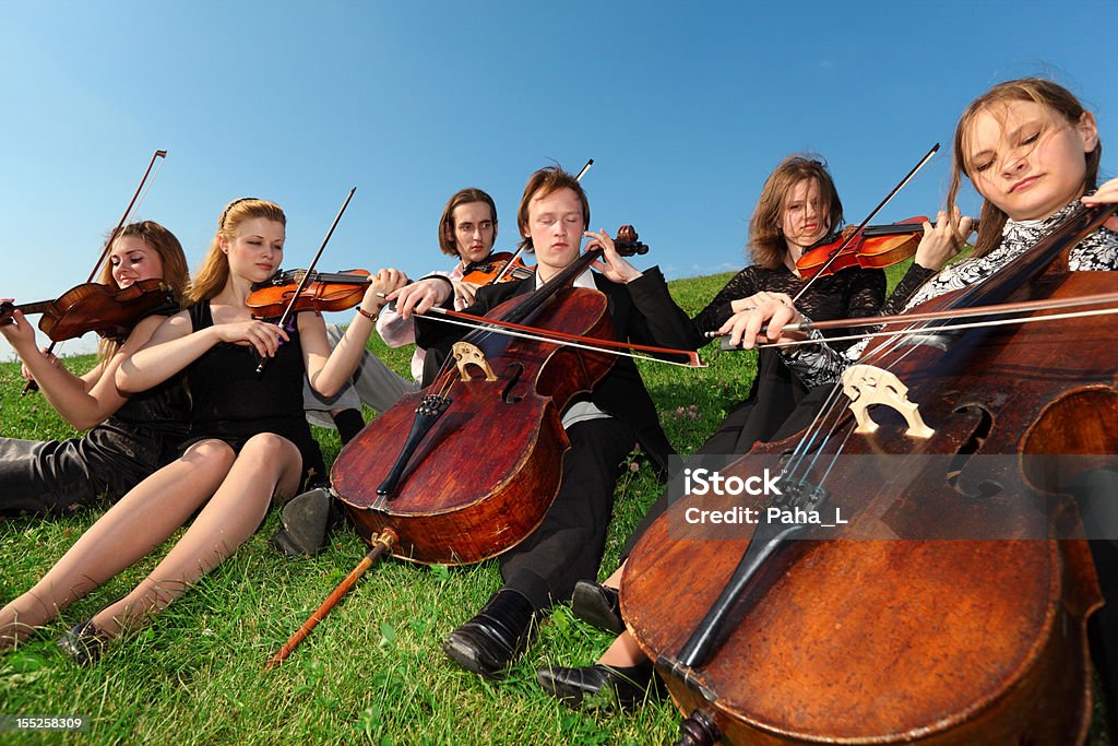 Gruppe von violinists sitzen und spielen auf Rasen - Lizenzfrei Cello Stock-Foto