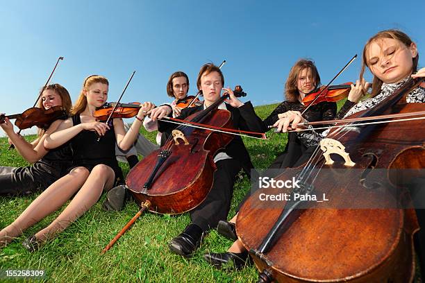 Gruppe Von Violinists Sitzen Und Spielen Auf Rasen Stockfoto und mehr Bilder von Cello - Cello, Eleganz, Erwachsene Person