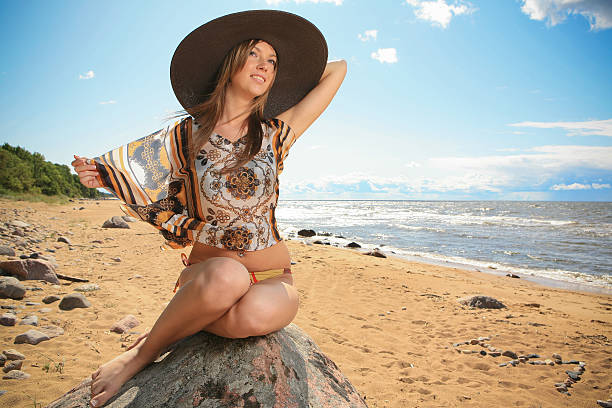 Happy women on beach in vocation stock photo