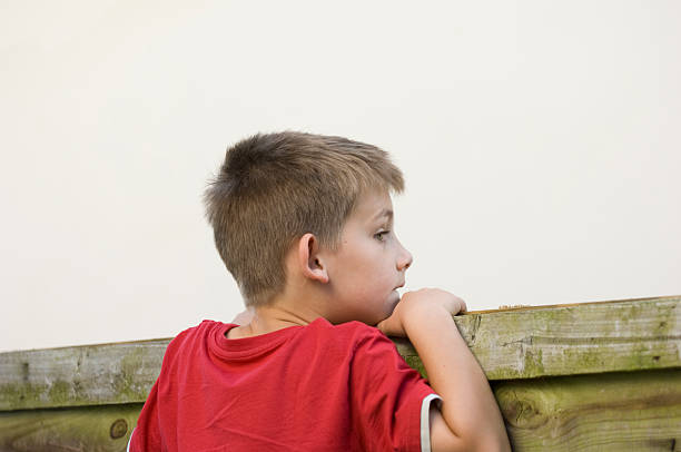 かわいい小さな男の子見渡すフェンスている詮索好き - fence child neighbor peeking ストックフォトと画像