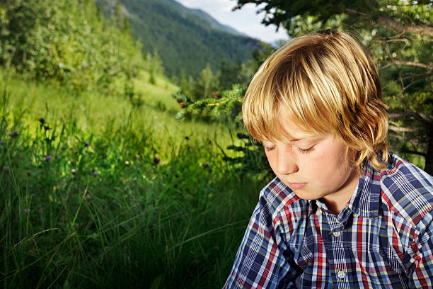 Pensive boy in meadow stock photo