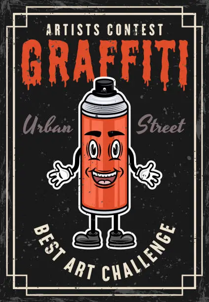 Vector illustration of Graffiti contest vintage colored poster with spray paint can smiling character vector illustration. Layered, separate grunge texture and text