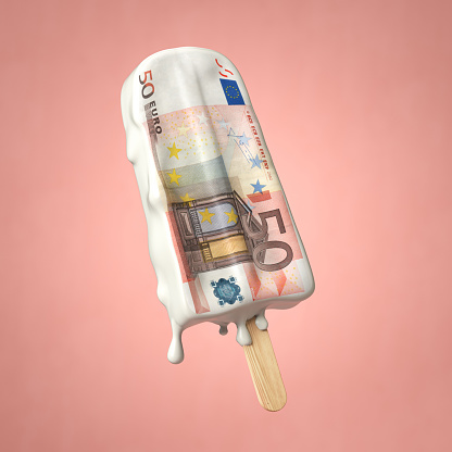 Euro inflation and depreciation concept. Melting ice cream with a euro bill. 3d illustration