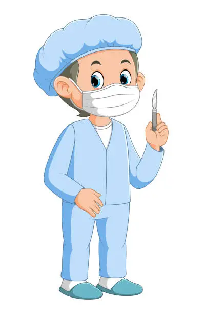 Vector illustration of Young doctor holding surgical scalpel