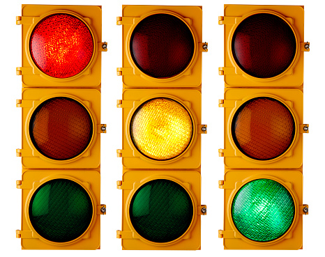 Traffic light repeated three times, each with a different light \