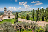 Olive trees and cypresses surround the Basilica di San Francesco in the medieval town of Assisi in Umbria